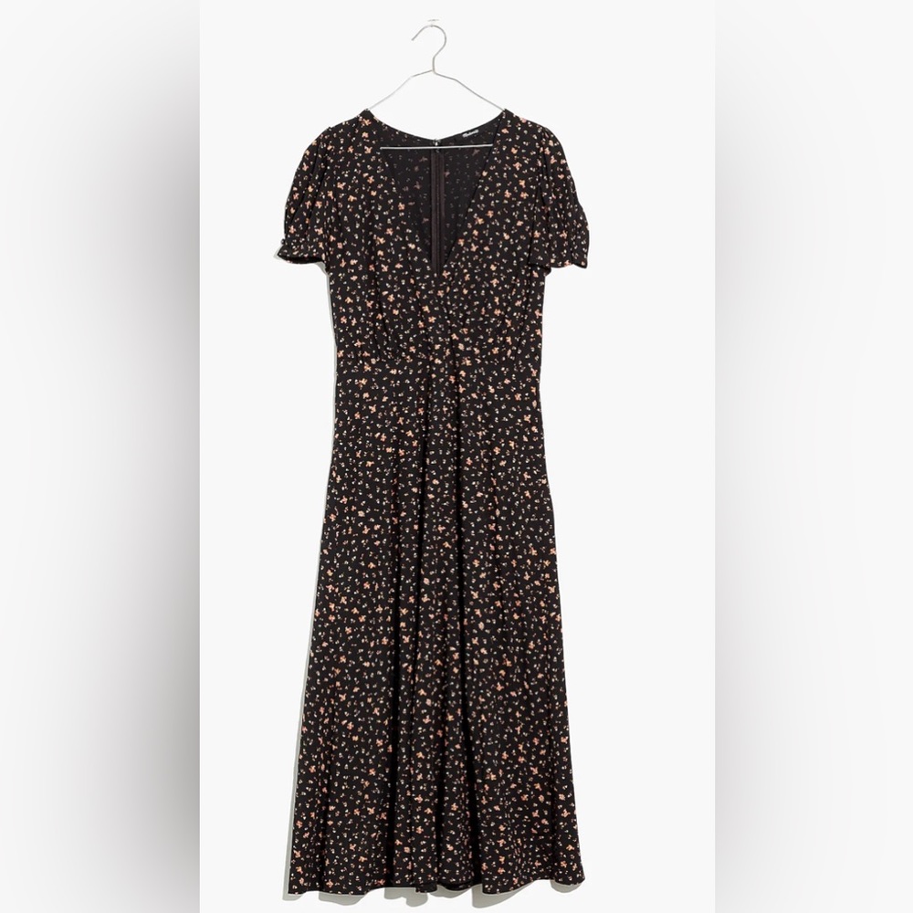 Puff-Sleeve Faux-Wrap Midi Dress in Stem Scatter